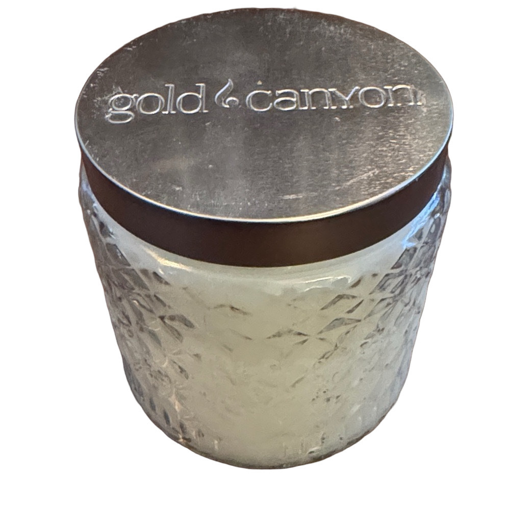 Gold Canyon Textured White No More Sniffles Candle with Silver Lid